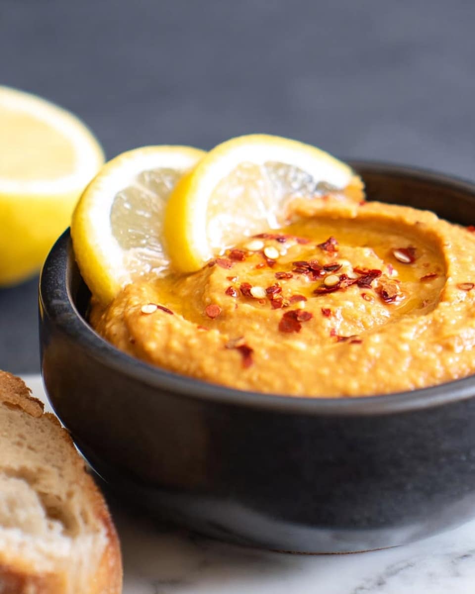 A small round black bowl is filled with a smooth, thick orange spread that has a slightly chunky texture. The spread is topped with small red chili flakes and a few drops of oil, giving it a shiny look. Two thin slices of lemon rest on the edge of the bowl, adding a bright yellow contrast. Nearby, part of a crusty slice of bread appears at the bottom left, and a lemon half sits blurred in the background. The bowl is set on a white marbled surface. Photo taken with an iphone --ar 4:5 --v 7
