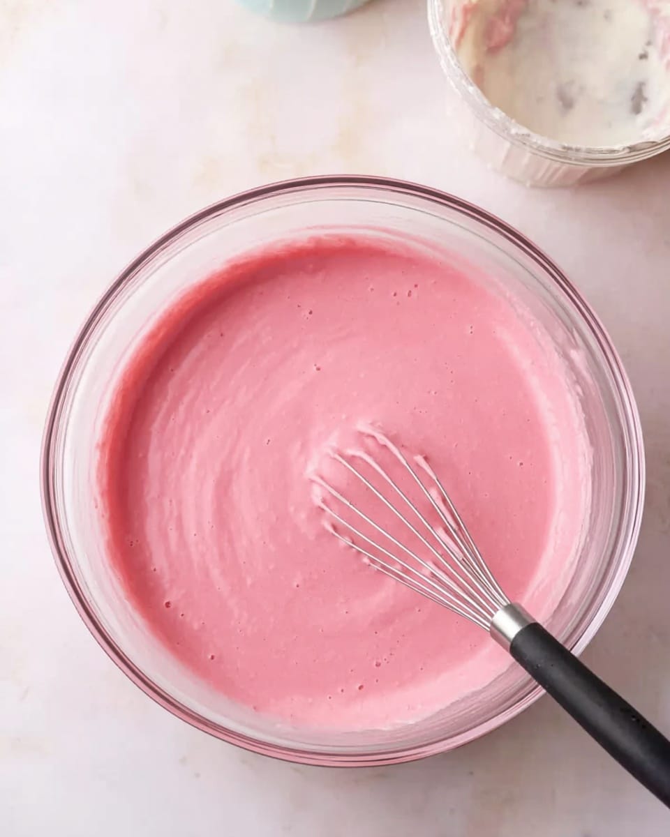 A clear glass bowl filled with smooth, thick, pink batter sits on a white marbled surface. In the batter, there is a small metal whisk with a black handle resting inside the bowl. The bowl is round and the pink batter covers the bottom all the way to the sides with a glossy texture and slight bubbles visible. At the top right corner of the image, part of another clear container with some white and pink mixture remains. The photo is taken from above, showing the whole bowl and its contents clearly. Photo taken with an iphone --ar 4:5 --v 7