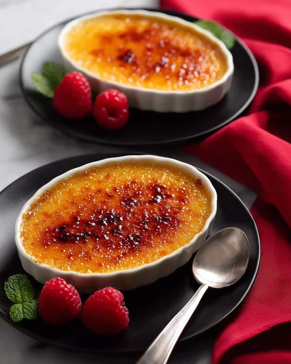 The image shows two white oval-shaped ramekins filled with crème brûlée, placed on round black plates. Each crème brûlée has a smooth, golden caramelized top with a slightly uneven burnt sugar texture. One black plate in the foreground holds a white ramekin with two fresh red raspberries and small green mint leaves on the left side. A silver spoon rests to the right of the ramekin on the plate. The background features another black plate with a similar white ramekin, a silver spoon beside it, and a red cloth draped casually on a white marbled surface. The lighting highlights the golden top and shiny caramel layer of the crème brûlée. photo taken with an iphone --ar 4:5 --v 7