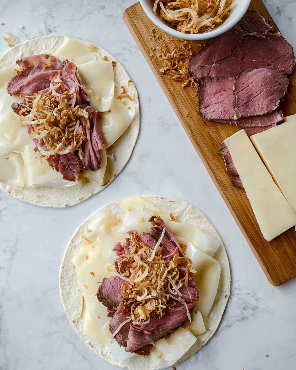 Two white tortillas lay flat on a white marbled surface, each topped with a base layer of creamy white cheese slices arranged in a circular pattern. On top of the cheese, there are layers of thin, pinkish roast beef covering most of the tortilla surface. The roast beef is topped with scattered light brown crispy fried onions, adding texture and a slightly rough look. To the right on a wooden board, there is a small stack of more roast beef slices and several slices of white cheese, alongside a white bowl filled with more crispy fried onions. Photo taken with an iphone --ar 4:5 --v 7