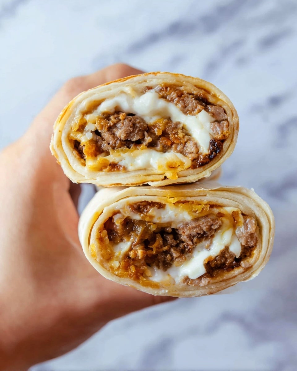 A close-up view of a woman's hand holding two halves of a wrapped roll. Each half shows three main layers inside: the outer soft, light beige wrap, a smooth melted white cheese layer, and a mix of cooked ground meat with some golden-brown crispy bits. The background has a white marbled texture. Photo taken with an iphone --ar 4:5 --v 7