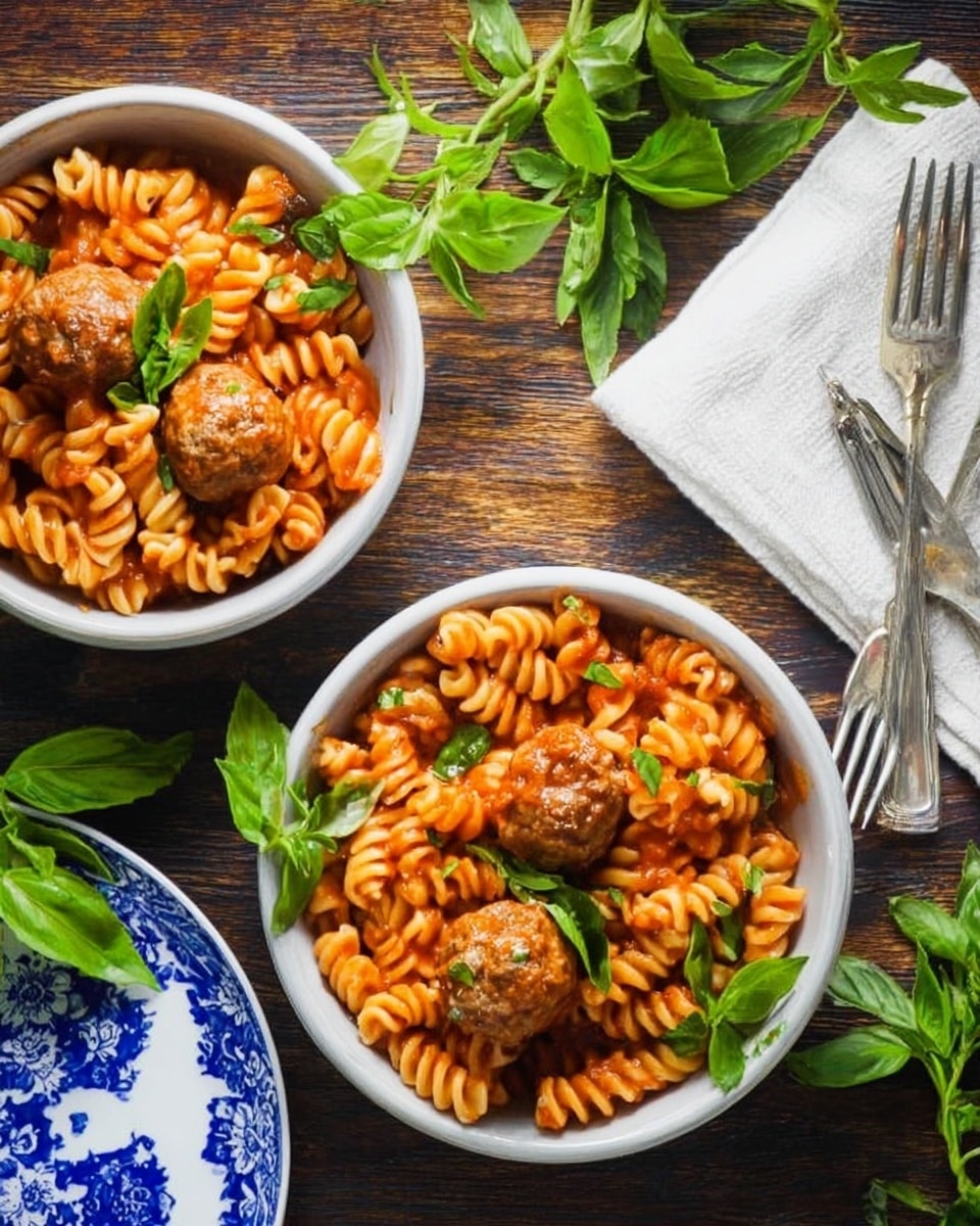 Two round white bowls filled with orange-red rotini pasta and meatballs are placed on a dark wooden surface. Each bowl contains about two meatballs sitting among the pasta, which is coated in a tomato sauce. Fresh green basil leaves are scattered on top of the pasta and around the bowls. Two silver forks lie near the bowls, and a white napkin is seen in the upper right corner near one bowl. The background has a few more green herbs and a blue and white patterned plate on the lower right side. The setting looks fresh and inviting with natural light. photo taken with an iphone --ar 4:5 --v 7