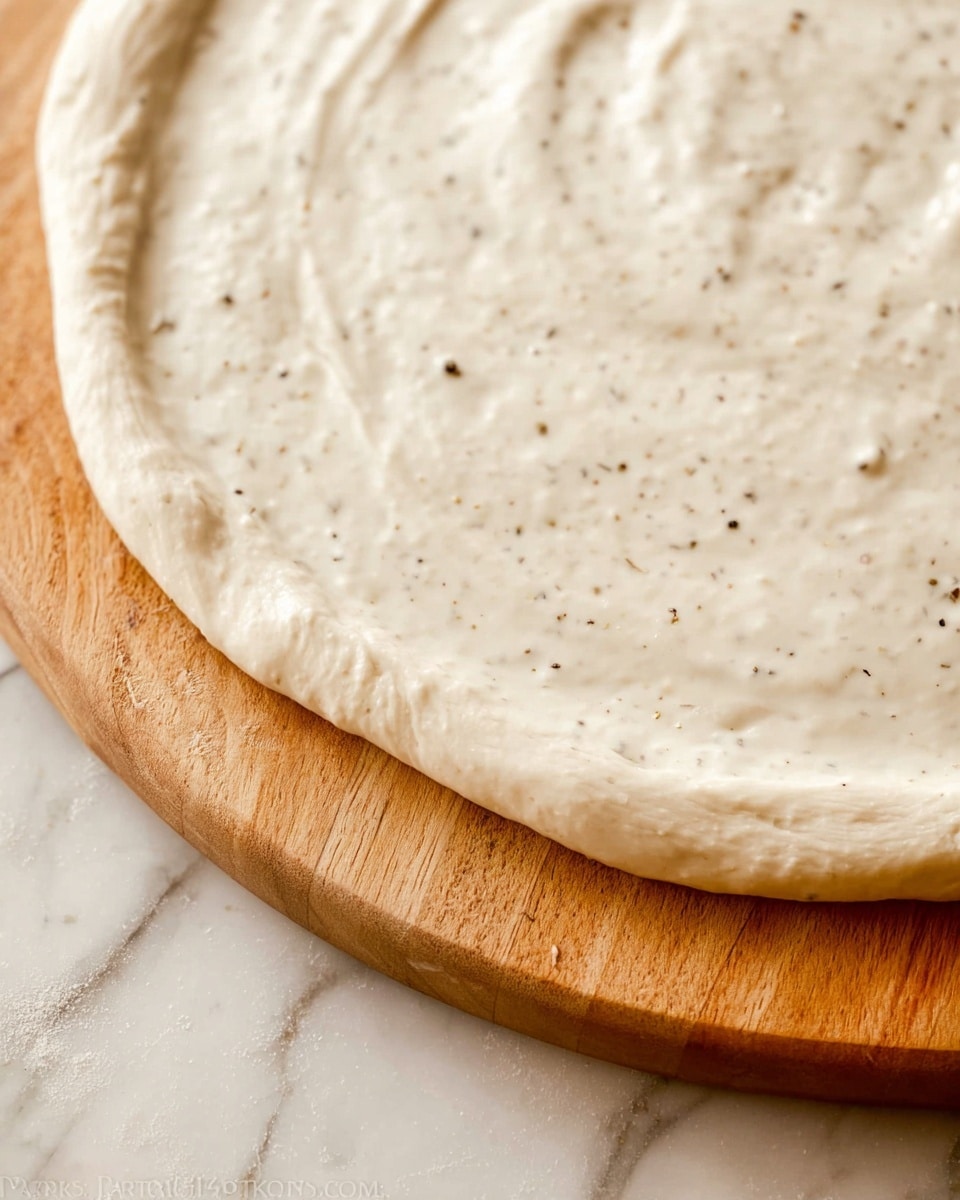 A close-up view of a round pizza dough spread on a wooden board with a visible smooth, creamy white sauce evenly spread over the dough, leaving a raised edge around the circle with no sauce on it, the sauce shows small black pepper specks. The surface under the board is a white marbled texture. photo taken with an iphone --ar 4:5 --v 7