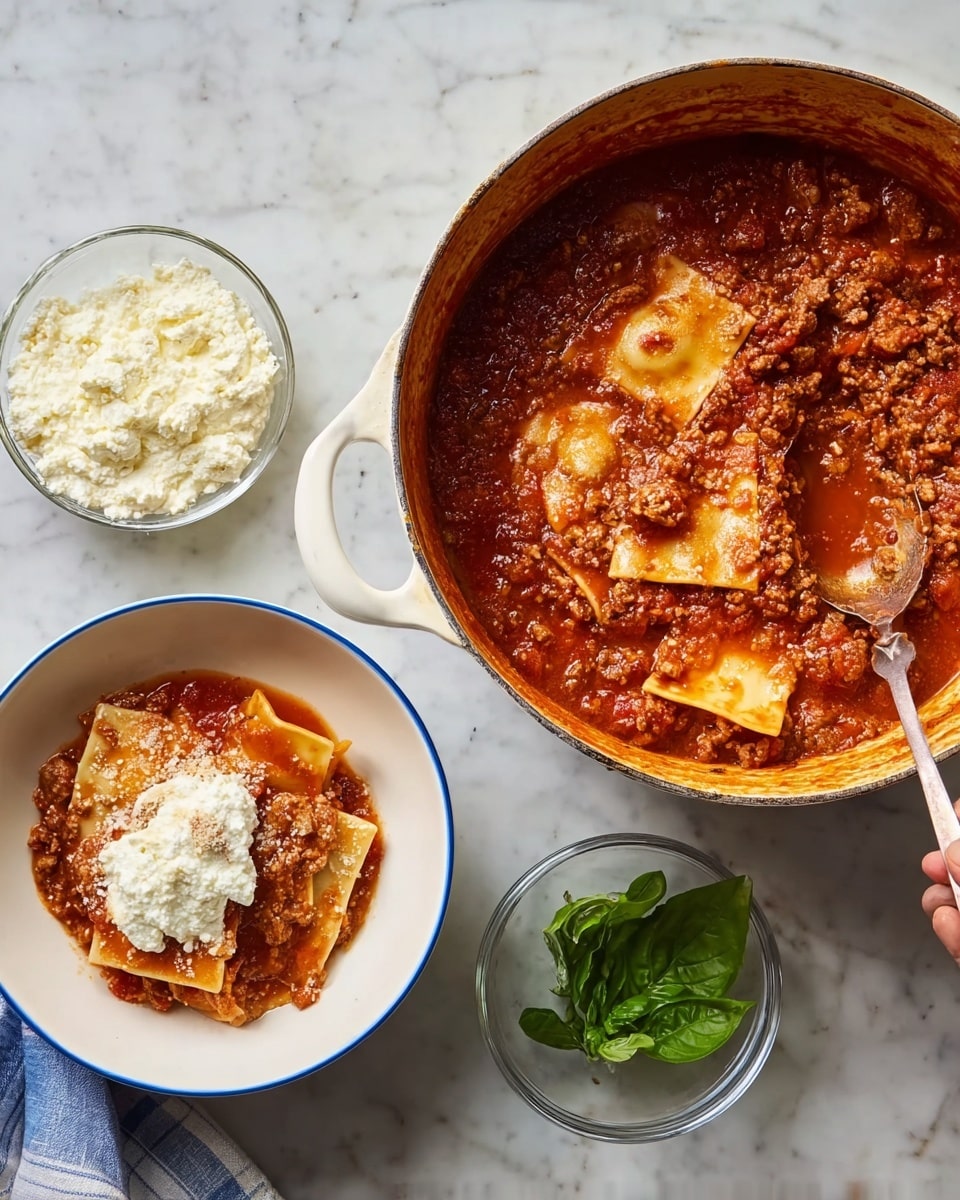 A white pot filled with thick red sauce with chunks of cooked pasta sheets floating on top in a rich meaty sauce, visible ground meat mixed throughout the sauce, beside the pot a white bowl with a thin blue rim holds a few layers of lasagna sheets covered with chunky meat sauce, a spoon is adding a dollop of creamy white ricotta cheese on top of the pasta, next to the bowl are two small clear glass bowls: one filled with a white cheese mixture and the other with bright green fresh basil leaves, the scene is set on a white marbled surface, photo taken with an iphone --ar 4:5 --v 7