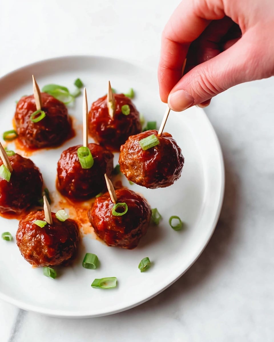 The image shows a white plate with several round meatballs covered in a shiny reddish-brown sauce. Each meatball has a thin wooden toothpick stuck in it from the top, and some have small green onion rings scattered on top and around them. A woman's hand is gently holding a toothpick inserted into one meatball, slightly lifting it. The plate sits on a white marbled surface. The overall look is simple and fresh with a focus on the saucy meatballs and green garnish photo taken with an iphone --ar 4:5 --v 7