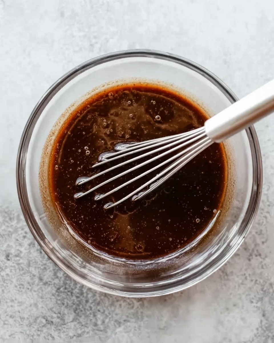 A clear glass bowl filled with a dark brown sauce that has a smooth and slightly thick texture with some small bubbles on the surface. A silver whisk with a white handle is inside the bowl, partially covered in the sauce, positioned near the center. The bowl is placed on a white marbled surface. Photo taken with an iphone --ar 4:5 --v 7
