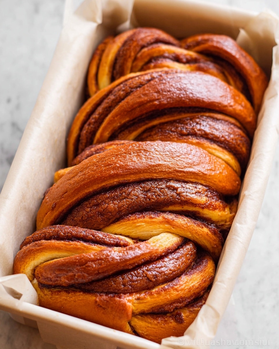 The image shows a close-up view of a twisted loaf of bread in a white baking pan lined with white parchment paper. The bread has multiple thick layers with a rich brown color on the top twisted sections and a golden brown on the smoother dough sections. The texture looks soft and slightly shiny, indicating a fresh bake, with darker swirls of filling visible between the lighter dough strands. The loaf fills the pan from edge to edge, showing a tight, braided pattern with thick, curved layers that interlock tightly, creating an appealing, swirled effect. The whole scene sits on a white marbled texture surface. Photo taken with an iphone --ar 4:5 --v 7
