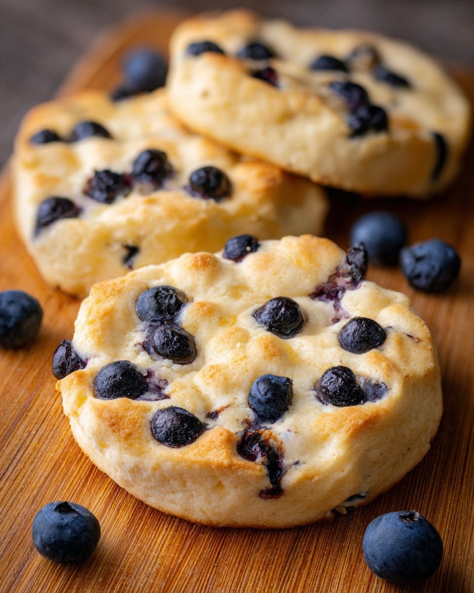 The image shows four soft, fluffy round cloud-like cookies with a light golden brown color and a puffy texture, each dotted with several dark blue to black small blueberries, some sunken slightly into the surface and others resting on top. The cookies have uneven, crinkled edges with a slightly browned finish, and they are placed closely on a white marbled textured surface lined with lightly crumpled parchment paper. Around the cookies are a few loose blueberries scattered randomly, adding contrast to the overall light background. photo taken with an iphone --ar 4:5 --v 7