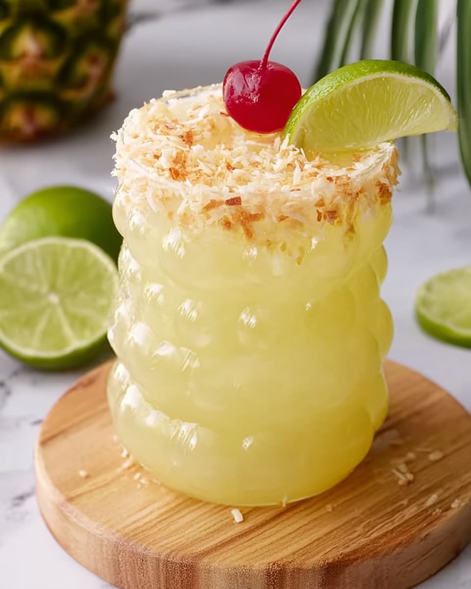 A curvy clear glass filled with light yellow icy drink, with three round sections shaped like a bubble stack. The top edge of the glass is coated with shredded light brown coconut flakes. A green lime slice and a red cherry are placed on the rim of the glass. The glass is on a white marbled surface with a wooden round board underneath. Behind the glass, there is a partial green pineapple and some lime slices. Photo taken with an iphone --ar 4:5 --v 7