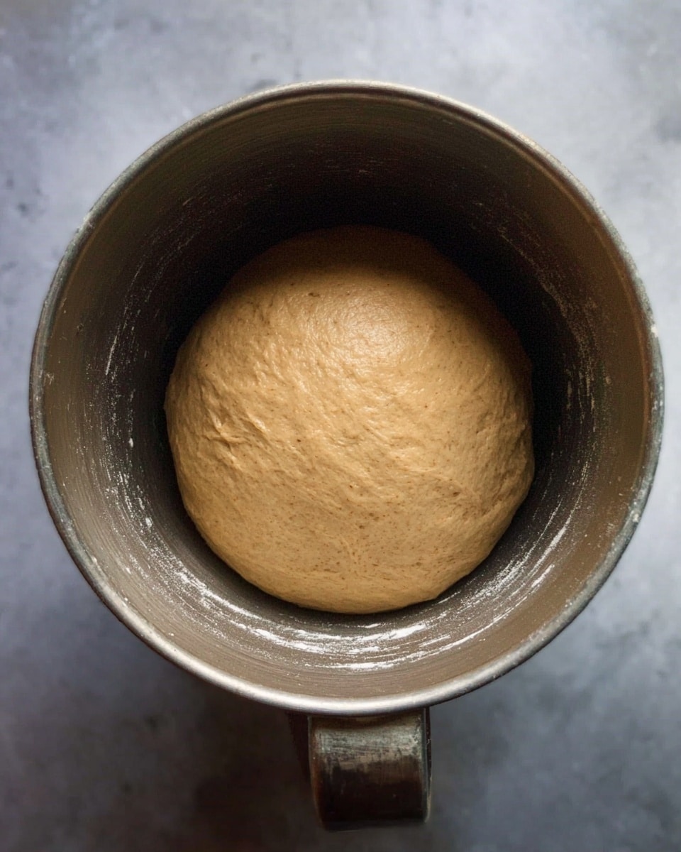 A round ball of smooth, light brown dough sitting inside a tall, gray metal mixing bowl with a handle at the top, the dough surface looks slightly shiny and soft, filling most of the space inside the bowl. The bowl rests on a white marbled surface. Photo taken with an iphone --ar 4:5 --v 7