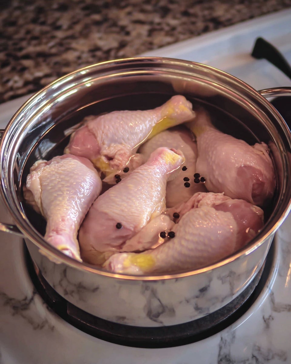 A silver pot filled with several raw chicken drumsticks submerged in clear water, with a few black peppercorns floating on top. The drumsticks have pale pink skin with some yellow fatty parts visible near the ends. The pot is placed on a stove with a white marbled surface visible underneath. Photo taken with an iphone --ar 4:5 --v 7