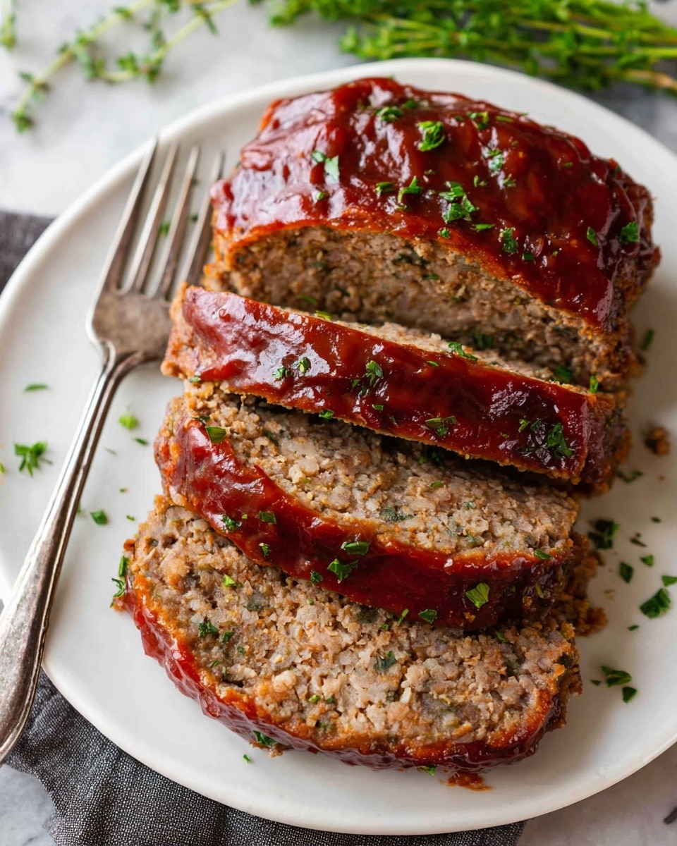 A white plate holds three thick slices of meatloaf. The meatloaf has a dark reddish-brown glaze on top with a shiny texture, sprinkled with small green herb pieces. The inside of the meatloaf is light brown and looks soft and crumbly with small bits of onion or seasoning visible. A silver fork sits to the left side of the plate, and the background is a white marbled surface with some green herbs scattered around. Photo taken with an iphone --ar 4:5 --v 7