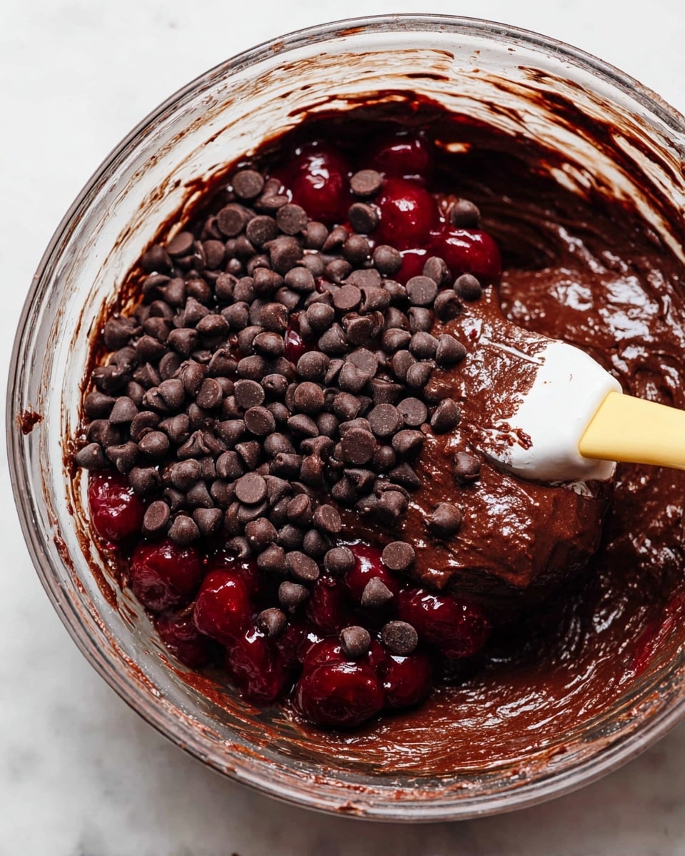 A clear glass bowl holds thick dark brown chocolate batter mixed with glossy, deep red cherry pieces and a generous layer of small dark brown chocolate chips spread unevenly over the top. A white spatula with a yellow tip is partially dipped in the batter on the right side, with its edge covered in the rich chocolate mixture. The bowl is placed on a white marbled surface, creating a clean and bright setting that contrasts with the dark colors of the chocolate and cherries. photo taken with an iphone --ar 4:5 --v 7