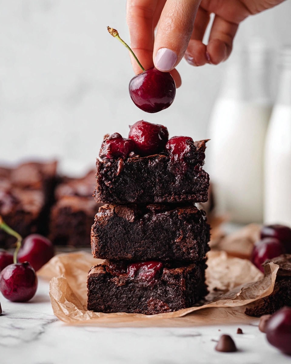 A stack of three dark brown chocolate brownies with visible chocolate chips inside sits on a crinkled parchment paper on a white marbled surface. The bottom brownie is thick and dense, the middle one is slightly smaller and the top one has a rough, cracked texture with chocolate chips and halved dark red cherries embedded on it. A woman's hand gently holds a whole shiny dark red cherry by its thin stem above the top brownie. Around the stack, there are more cherries scattered and some pieces of brownies. The background is softly blurred with white tones and partially visible glass bottles that appear to contain milk. photo taken with an iphone --ar 4:5 --v 7