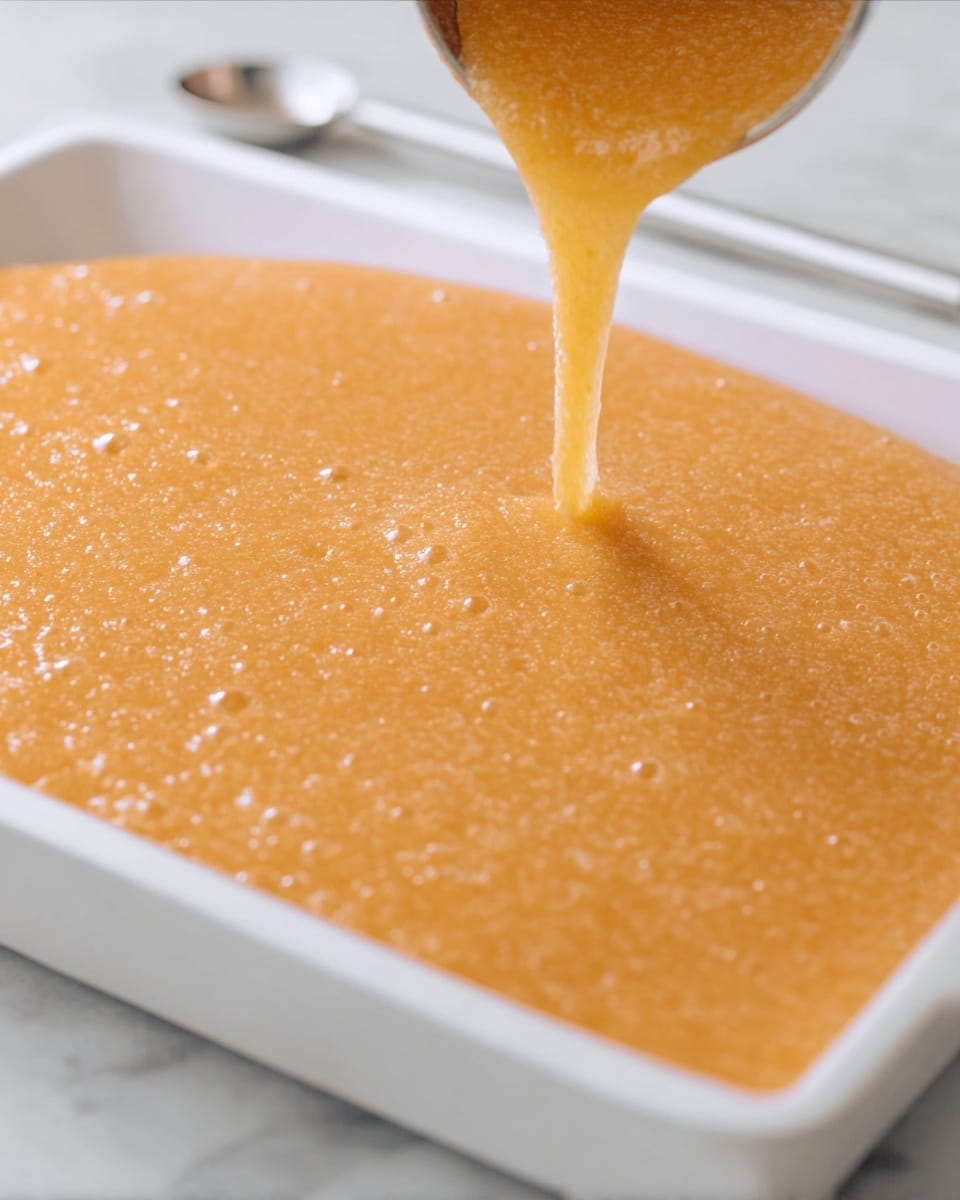 A close-up view of orange batter being poured smoothly into a white rectangular baking dish, spreading evenly to form a single layer. The batter has a slightly bubbly and shiny texture with small air bubbles scattered across its surface. The scene is set on a white marbled surface with a silver measuring spoon visible in the background. Photo taken with an iphone --ar 4:5 --v 7