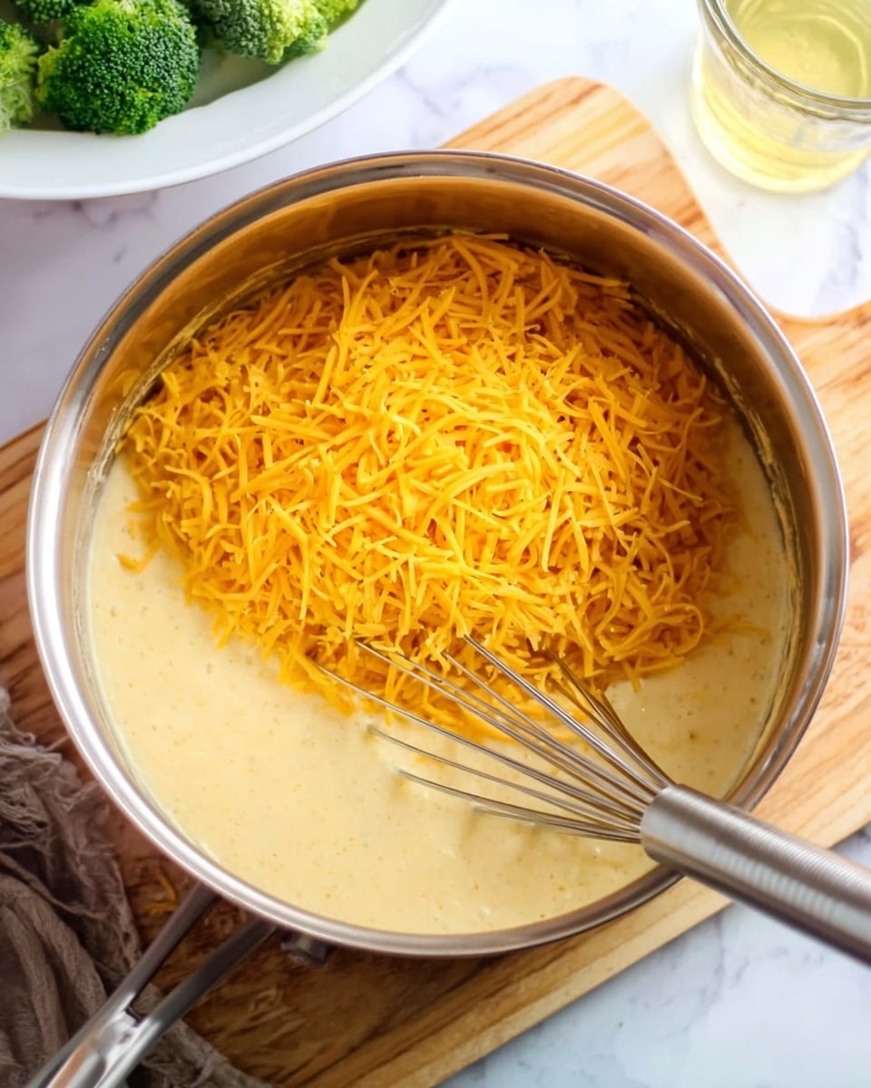 In the image, there is a silver pot placed on a light wooden board over a white marbled surface. Inside the pot, a creamy beige sauce fills the bottom part, with a large pile of bright orange shredded cheese sitting on one side on top of the sauce. A metal whisk rests diagonally inside the pot, partly covered by the sauce and cheese. In the background, out of focus, there is a white plate with green broccoli visible to the left side and a clear glass with a small amount of yellow liquid to the right side. Photo taken with an iphone --ar 4:5 --v 7
