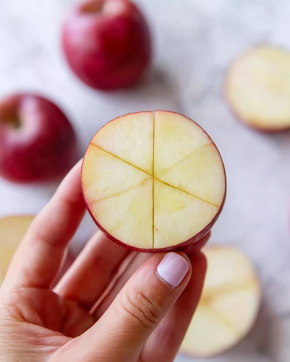 A woman's hand is holding a small round slice of red-skinned apple with a pale yellow inside, showing a pattern of shallow grid lines scored into the flesh. The background features a blurred white marbled texture with whole and halved red apples scattered around. The focus is on the apple slice and the woman's hand holding it, capturing simple natural colors. photo taken with an iphone --ar 4:5 --v 7