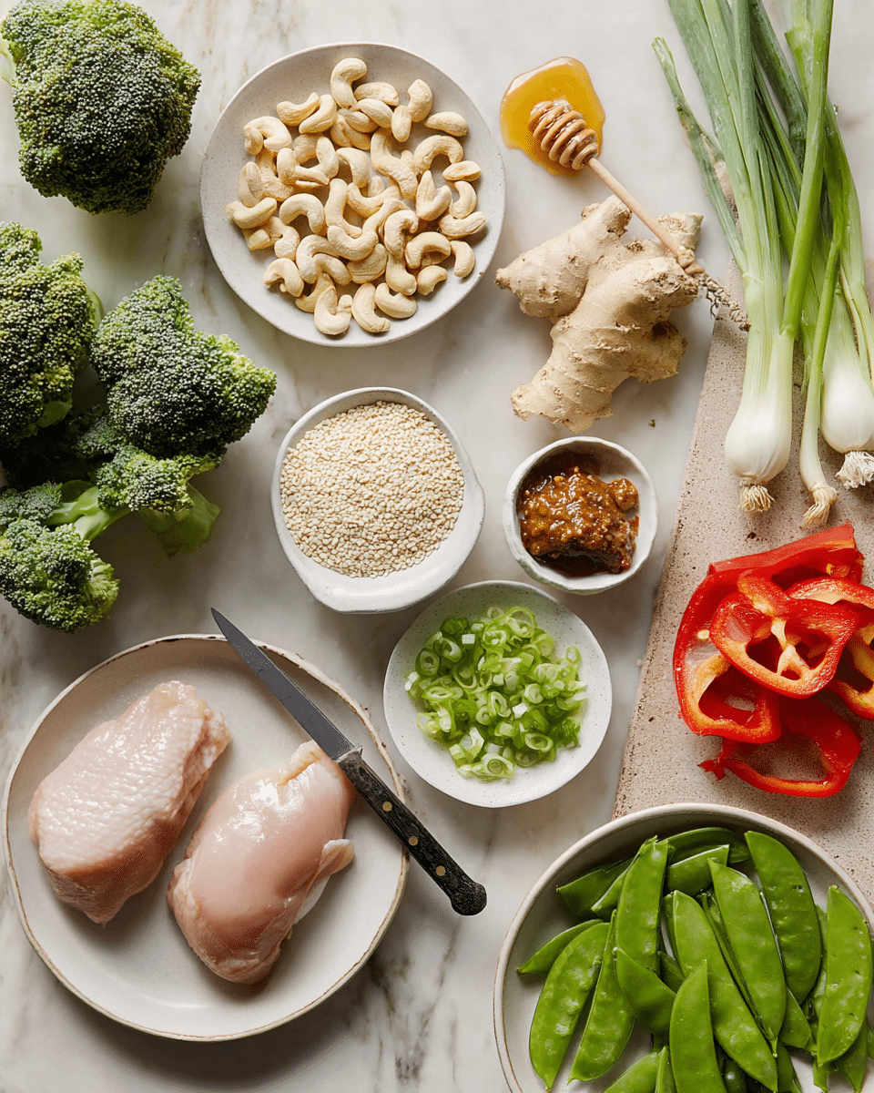 The image shows fresh ingredients arranged on a white marbled surface. There are two raw chicken pieces on a white plate in the bottom left corner. Above them is a small white bowl filled with cashew nuts, next to a white plate holding white sesame seeds. Nearby is a small white dish with a thick brown sauce spread on a knife, and another white plate with chopped green onions. There are two broccoli heads and some garlic cloves near the top left. A white plate with honey and a honey dipper rests in the top center. On the right side, there is fresh ginger root and green onions, with bright red bell peppers sliced in half and snap peas spread around a white bowl filled with more snap peas at the bottom right of the image. photo taken with an iphone --ar 4:5 --v 7