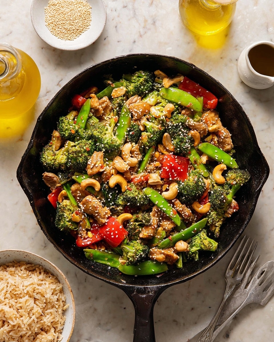 A black cast-iron skillet filled with a stir-fry showing three main layers: the bottom layer has bright green broccoli florets and snap peas, the middle layer consists of red bell pepper pieces and light brown chunks of cooked meat, and the top layer is sprinkled with light tan cashew nuts and white sesame seeds. The skillet is placed on a white marbled surface with a small white bowl of sesame seeds above, a glass bottle of golden-yellow oil, and a small cup with a dark sauce to the right. Below the skillet, there is a white bowl filled with light brown cooked rice and two silver forks on the right side. photo taken with an iphone --ar 4:5 --v 7