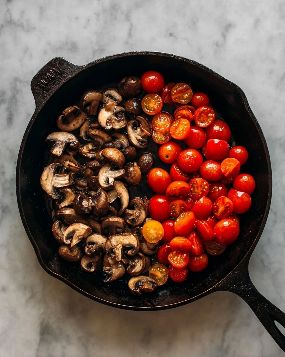 A black cast iron pan filled with two clear sections: on the left side, many cooked brown mushrooms with a slightly shiny texture, and on the right side, a pile of fresh cherry tomatoes, some whole and some cut in half, showing their bright red and orange juicy interiors. The pan sits on a white marbled surface. photo taken with an iphone --ar 4:5 --v 7