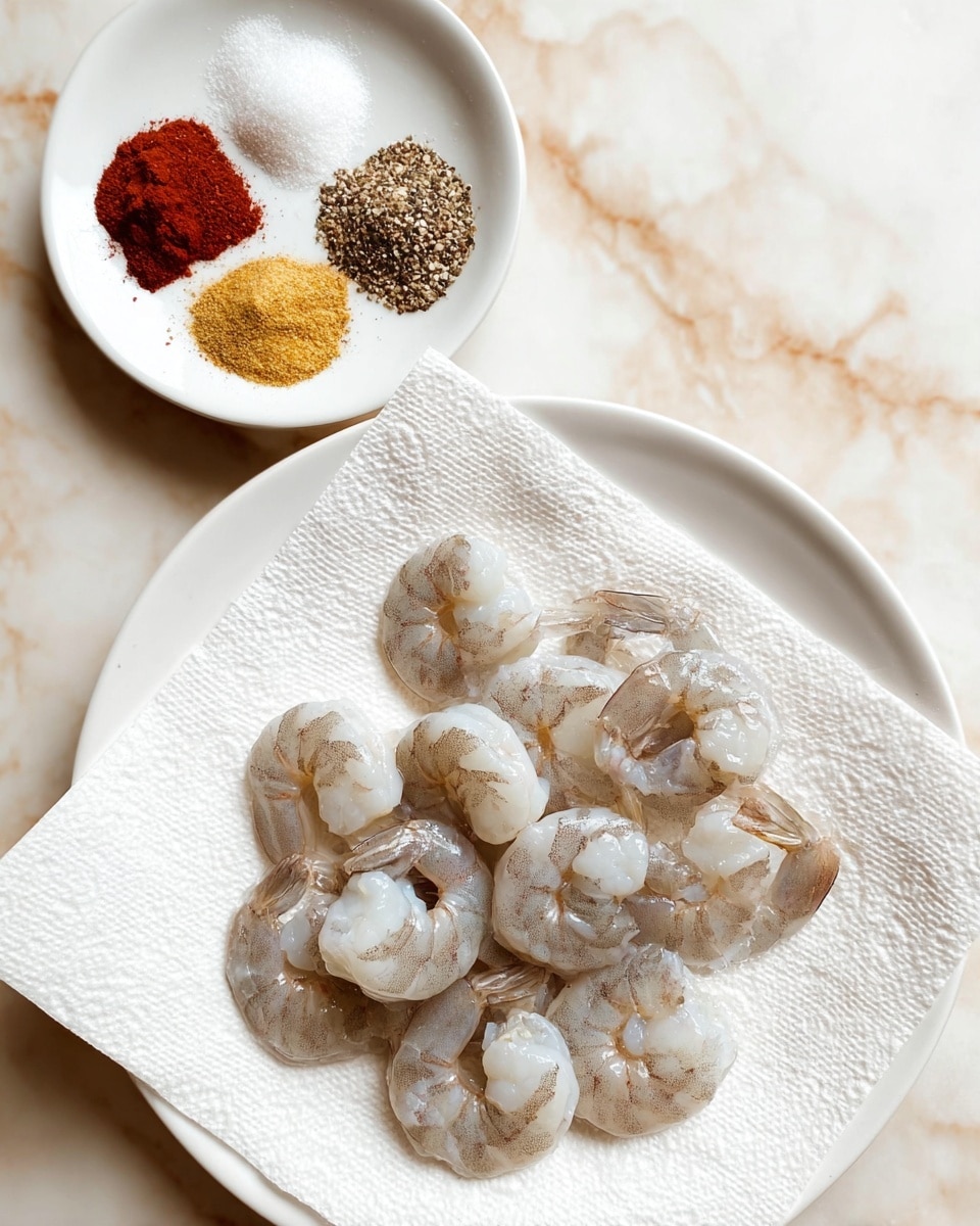 On a white plate with a paper towel, there are about 15 raw peeled shrimp spread out. The shrimp are pale grey with slight touches of translucent white and some darker lines showing their texture. Above the plate, there is a small white bowl containing five separate piles of spices: bright red powder, light brown powder, white granules, black and white coarse specks, and pale yellow powder. The whole setup is on a white marbled surface. photo taken with an iphone --ar 4:5 --v 7