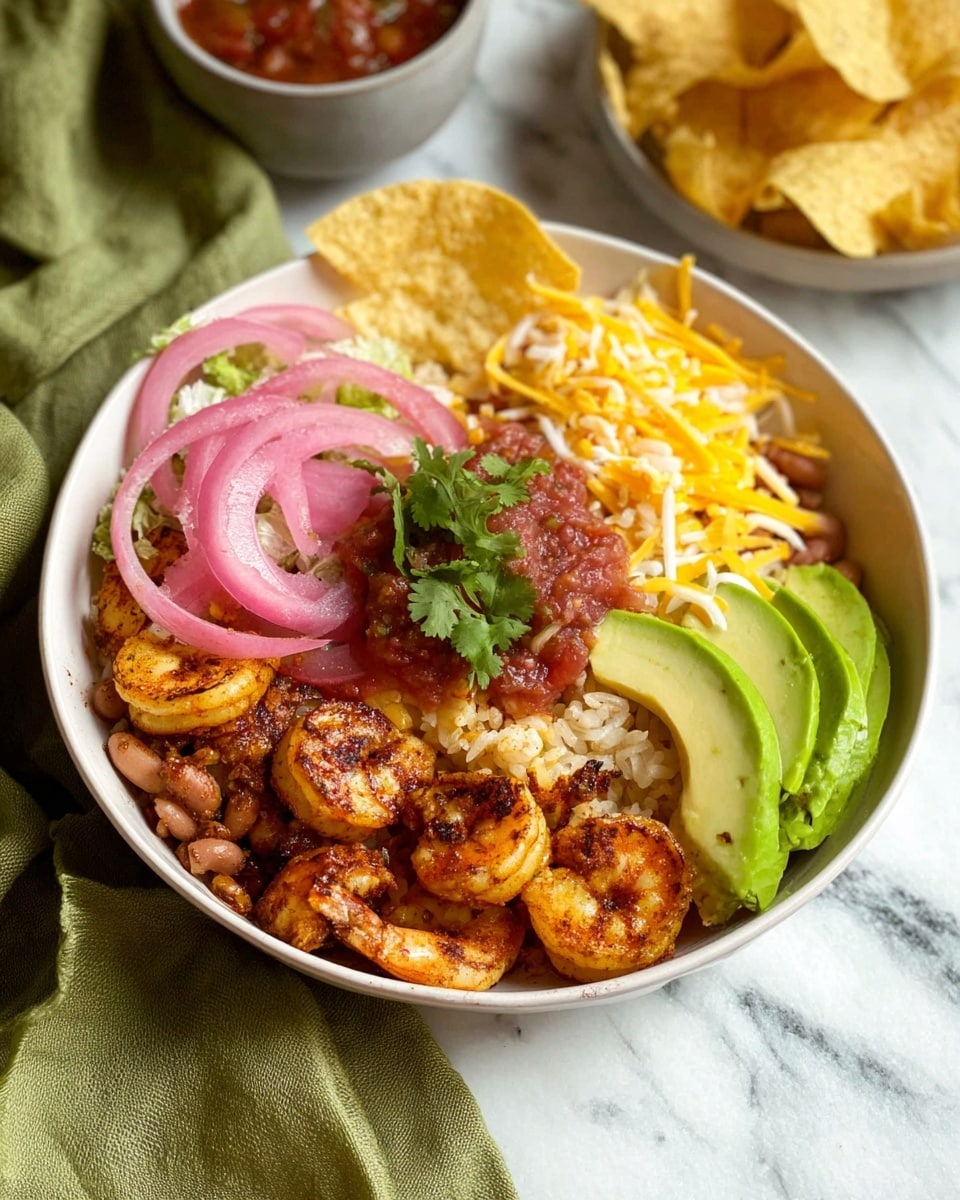 A white bowl contains several layers starting with a base of rice mixed with beans, topped with grilled shrimp seasoned with spices, giving an orange-brown color and slight char. On one side, there are creamy slices of green avocado and shredded yellow cheese with pale white cheese. There are thin slices of pickled red onions with a pink hue spread over the shrimp and avocado. A red salsa with visible small chunks is generously placed in the center, garnished with fresh green cilantro leaves. To the side, light yellow round tortilla chips add a crunchy texture. The bowl is set on a white marbled surface, and a green cloth is loosely draped in the background. Photo taken with an iphone --ar 4:5 --v 7