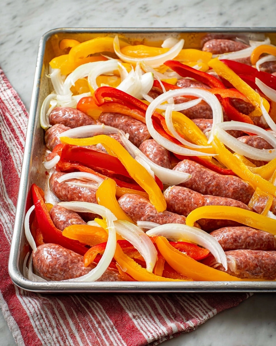 The image shows a silver metal tray filled with layers of raw sausages placed close together as the bottom layer. On top of the sausages, there is a mix of sliced bell peppers in bright yellow, orange, and red colors, their smooth, curved shapes spread across the tray. Thin slices of white onions with a slightly curved texture are scattered evenly over the peppers and sausages, adding a fresh contrast to the warm colors below. The tray is set on a white marbled surface, and part of a red and white striped cloth is visible at the tray's edge. Photo taken with an iphone --ar 4:5 --v 7