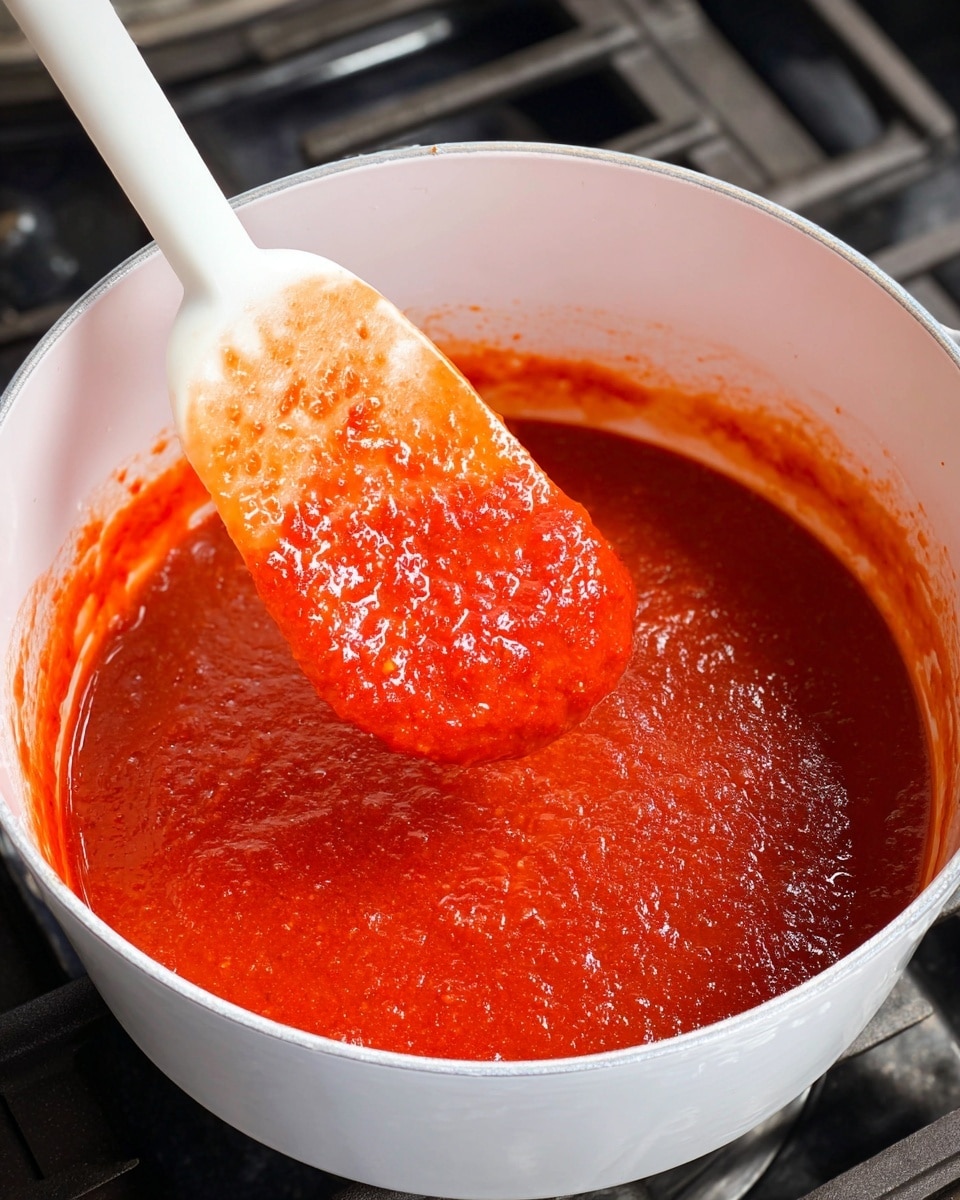 A close-up of a white pot filled with a thick, bright red sauce that has a slightly grainy texture. A white spatula lifts some of the sauce, showing its glossy surface and small bubbles. The sauce looks smooth but with tiny bits, and the pot is placed on a stovetop with dark metal grates. The color of the sauce varies from a deeper red at the bottom to a more translucent orange-red on the spatula. The edges of the pot have some splashes of the sauce. Photo taken with an iphone --ar 4:5 --v 7
