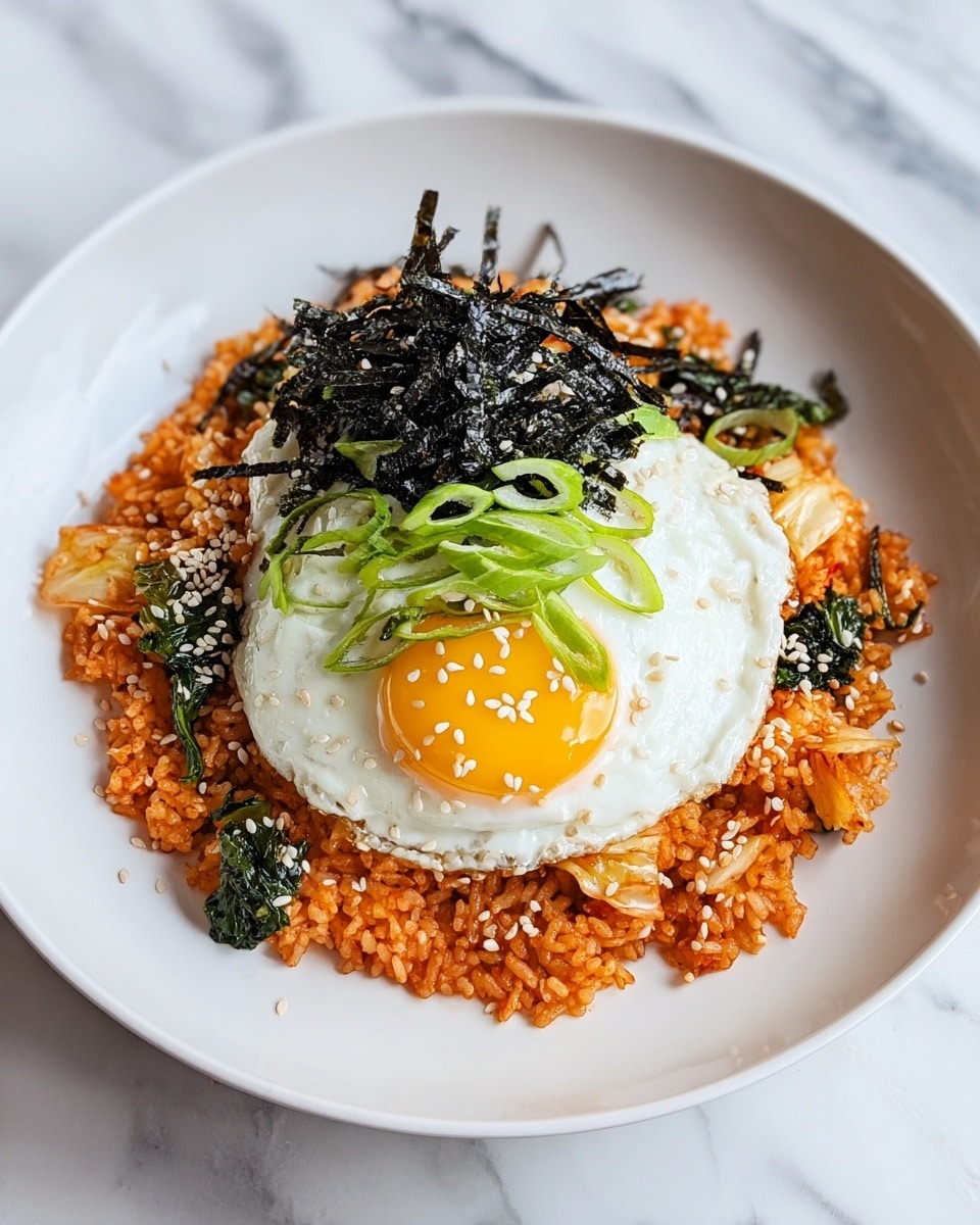 A white round plate holds a single layer of orange-red fried rice mixed with pieces of cabbage and dark green leafy vegetables. On top of the rice in the center is a fried egg with a bright yellow yolk and smooth white edges, sprinkled with white sesame seeds. Above the egg is a small pile of thin, dark seaweed strips also sprinkled lightly with sesame seeds. A few slices of fresh green onion rings lay on the edge of the egg, adding a fresh green color. The plate is set on a white marbled surface. photo taken with an iphone --ar 4:5 --v 7