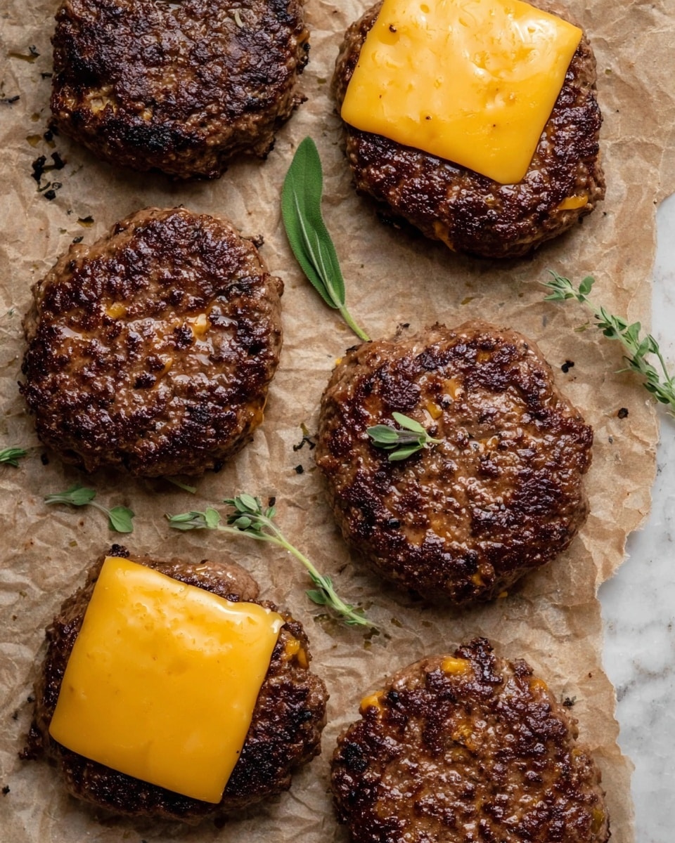 The image shows six browned burger patties placed on crinkled light brown parchment paper. Two of the patties have a square slice of melted bright orange cheddar cheese on top, partially shiny with a smooth texture. The patties have a rough, slightly crispy surface with visible char marks and juices. Small green leaves are scattered around and on top of some patties for garnish. The background is a white marbled texture. photo taken with an iphone --ar 4:5 --v 7