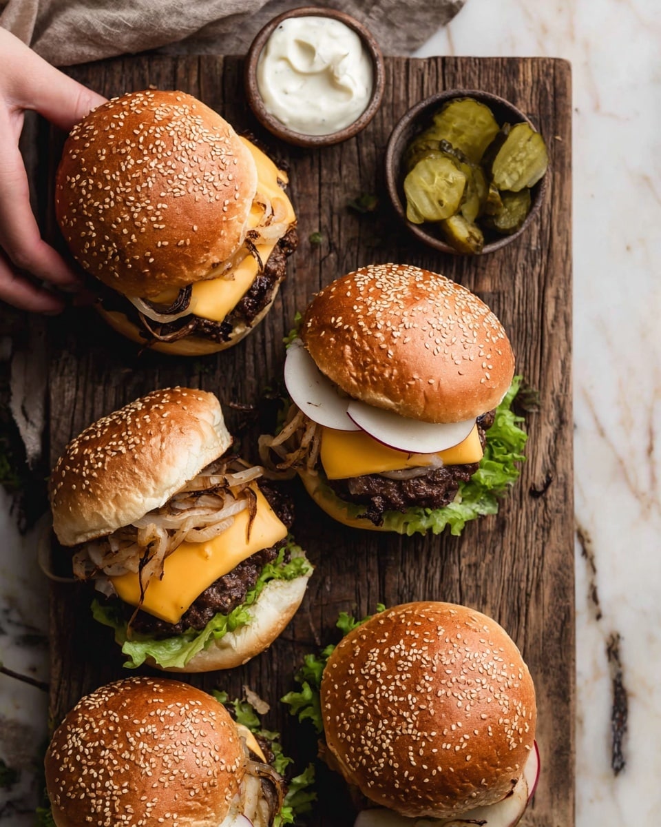 The image shows four hamburgers on a wooden board over a white marbled surface. Each burger has a shiny, golden-brown sesame seed bun on top. Under the bun, there are layers of grilled onions that are slightly brown, followed by thin round slices of pale red apple on some burgers. Below the apples and onions, there are slices of bright orange cheddar cheese melted over dark brown beef patties. Underneath the patties is a bright green leaf of lettuce. One burger near the bottom left has the top bun slightly lifted, showing the layers clearly. On the side, there are two small white bowls, one with white sauce and the other with green pickle slices. A woman's hand is reaching toward one of the burgers. Photo taken with an iphone --ar 4:5 --v 7