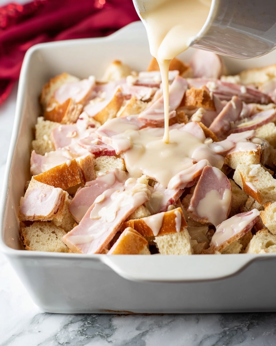 A white baking dish filled with two layers: the bottom layer is broken pieces of light golden bread with a soft texture, and the top layer is scattered pale pink slices of meat with a smooth surface. A creamy beige sauce is being poured over the top right side of the layers from a white container, creating a flowing texture over the bread and meat. The dish is placed on a white marbled surface with a blurred red cloth in the background. Photo taken with an iphone --ar 4:5 --v 7