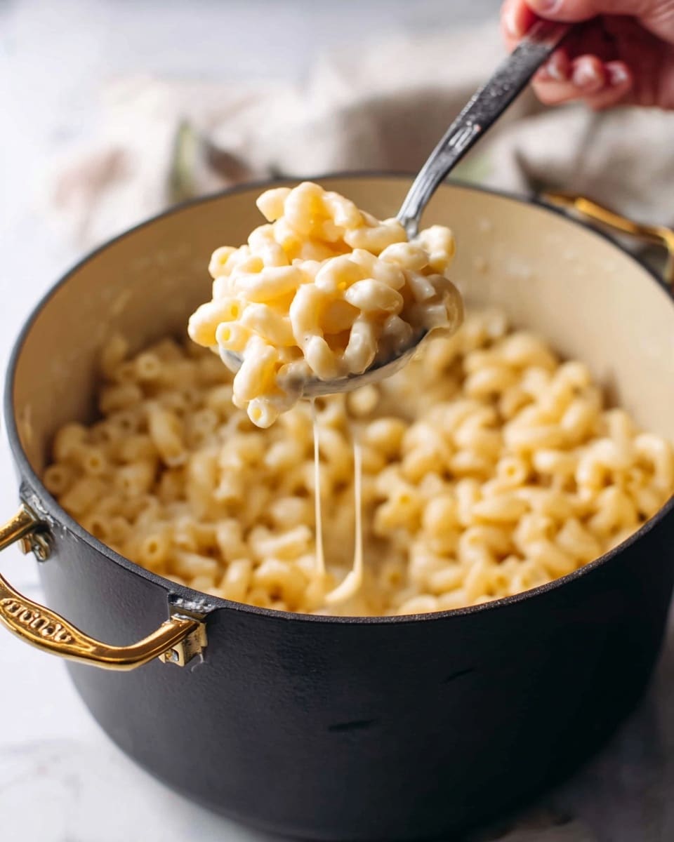 A large black pot filled with elbow macaroni covered in creamy, light yellow cheese sauce. A woman's hand is holding a metal spoon above the pot, lifting a spoonful of the macaroni, showing the smooth, cheesy texture and soft pasta curves. The pot has golden handles and sits on a white marbled surface. The background is softly blurred to focus on the macaroni and spoon. photo taken with an iphone --ar 4:5 --v 7