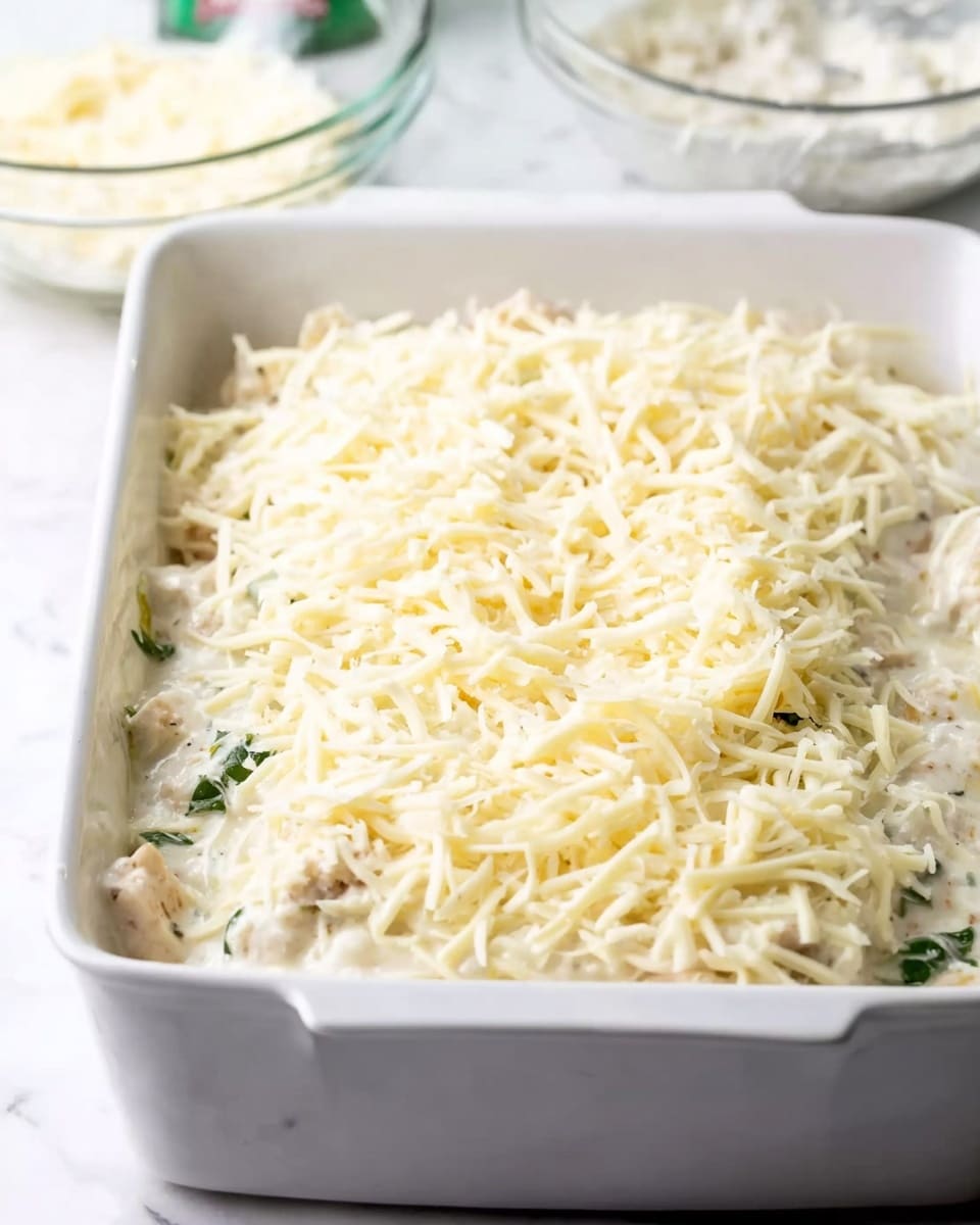 A white rectangular baking dish filled with an uncooked layered dish topped with a thick layer of shredded cheese. Beneath the cheese, visible in some spots, is a creamy white sauce mixed with small bits of green herbs and chunks of cooked chicken, showing a creamy texture. The dish sits on a white marbled surface with a clear glass measuring cup and a small bowl with white mixture in the blurry background. Photo taken with an iphone --ar 4:5 --v 7