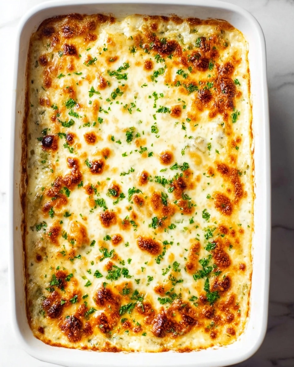 The image shows a white rectangular baking dish filled with a creamy baked casserole. The top layer is golden brown with small browned spots and has a melted, slightly bubbly cheese texture. Small green parsley leaves are scattered evenly across the surface, adding a fresh touch to the warm, creamy top. The casserole looks rich with a smooth, creamy sauce beneath the cheese layer. The baking dish sits on a white marbled surface. photo taken with an iphone --ar 4:5 --v 7