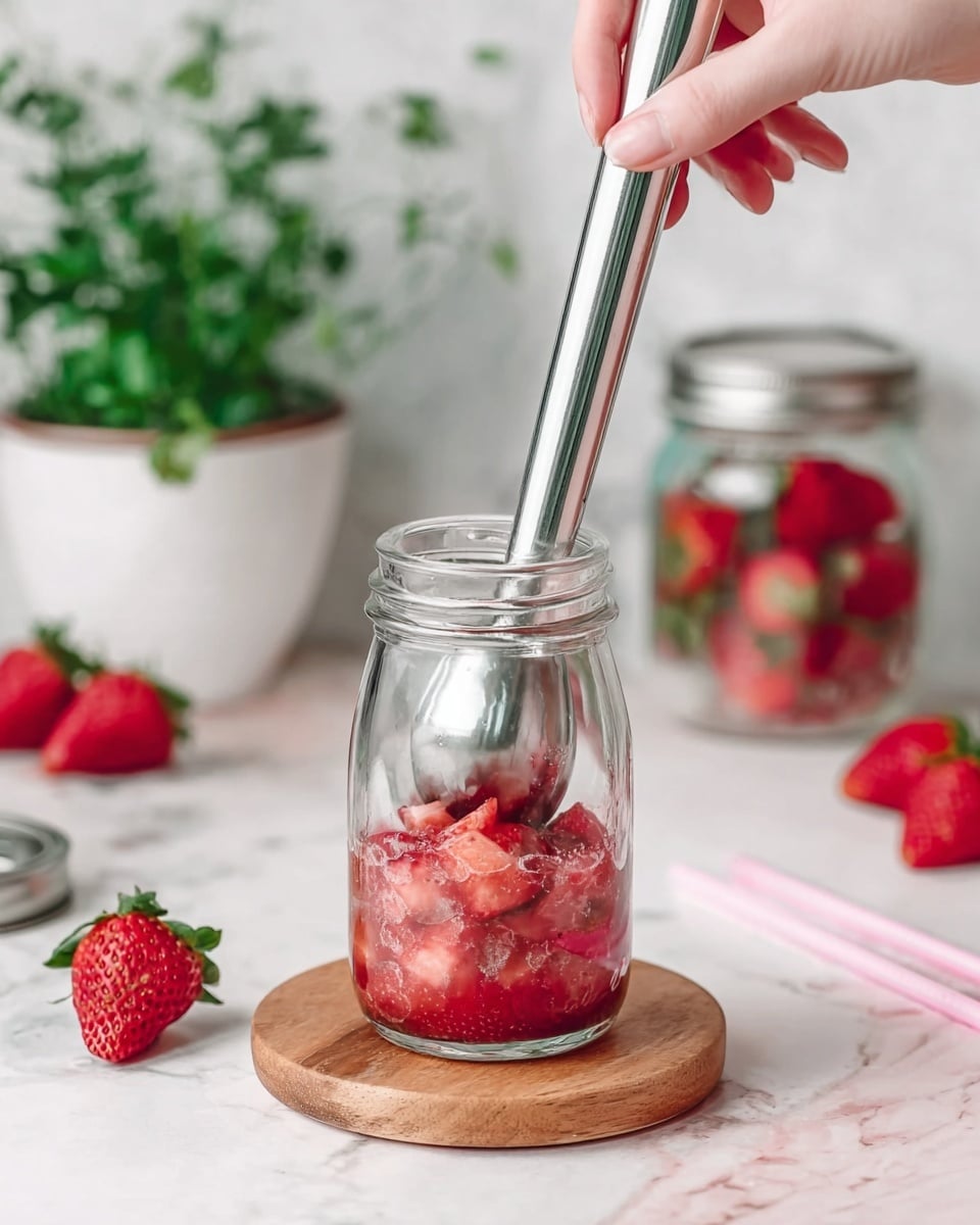 A clear glass jar sits on a round wooden board with pieces of smashed red strawberries inside it. A pale skin woman's hand holds a silver metal muddler, pressing down on the strawberries in the jar. In the soft focus background, a white pot with green leafy plant, a jar filled with whole red strawberries, a silver jar lid, and a few scattered loose strawberries rest on a white marbled surface. Two pink straws lie near the bottom right edge of the image. photo taken with an iphone --ar 4:5 --v 7