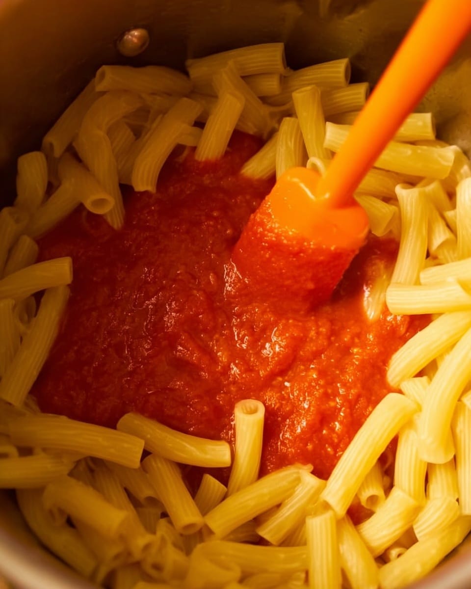 The image shows a close-up of a pot with cooked pasta surrounding a pool of thick red tomato sauce in the center. The pasta pieces are smooth and light yellow, arranged around the sauce in a circular way. An orange spatula is partially submerged in the sauce, blending the red and yellow colors where they meet. The pot has a metallic shine, and the overall scene suggests the beginning of mixing the pasta with the sauce. Photo taken with an iphone --ar 4:5 --v 7