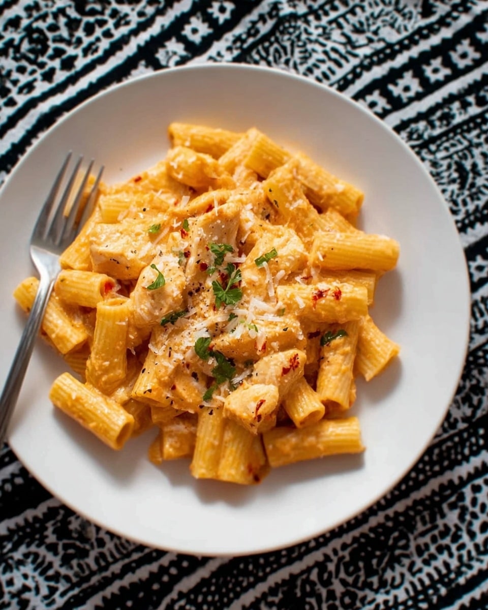 The image shows a white plate filled with rigatoni pasta coated in a creamy orange sauce. Pieces of light-colored chicken are placed on top of the pasta. The dish is sprinkled with grated cheese and small green herb bits, likely parsley, for garnish. The plate is set on a black and white patterned tablecloth, and a silver fork is placed to the left side of the plate. The photo taken with an iphone --ar 4:5 --v 7