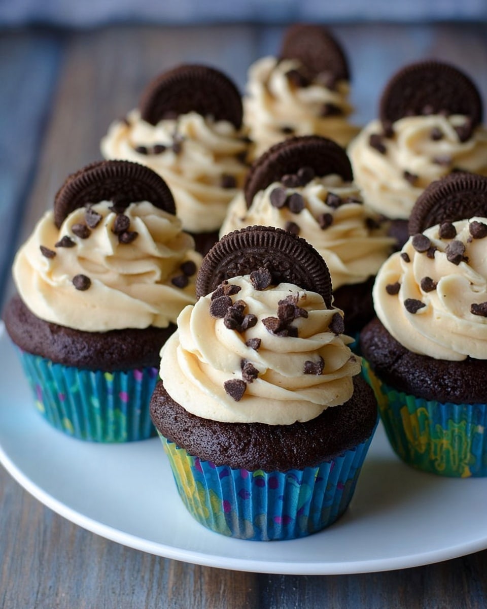 There are six dark chocolate cupcakes, each with a swirl of light cream-colored frosting on top. Each cupcake has a small chocolate chip cookie placed upright in the frosting’s center with tiny chocolate chips scattered on the frosting. The cupcakes are in colorful liners with a mix of blue, yellow, and green hues. They sit closely together on a white plate placed on a surface showing wood texture in the background. Photo taken with an iphone --ar 4:5 --v 7