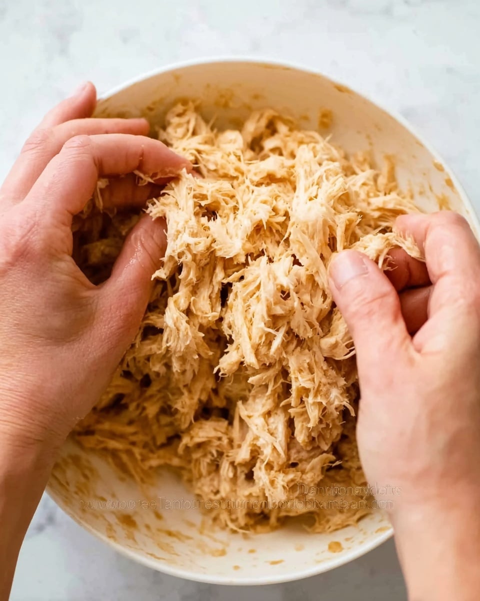 The image shows a close-up view of a white bowl filled with shredded or pulled light brown and beige food, possibly meat or a similar texture food. Two woman's hands are visible in the frame, gently mixing or separating the shredded pieces. The texture of the food is fibrous and layered, with some small darker bits adding contrast. The background surface is a white marbled texture. photo taken with an iphone --ar 4:5 --v 7