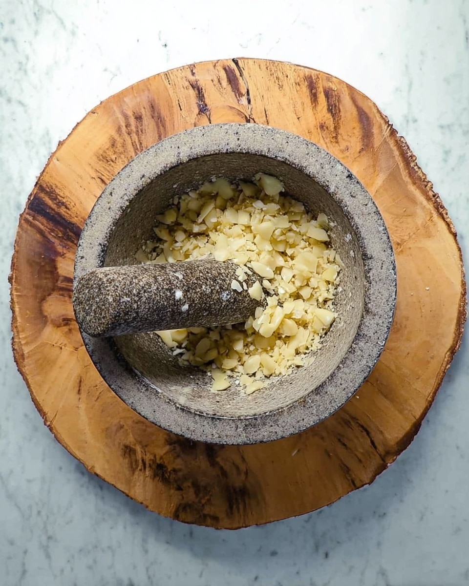 This is a top view of a round stone mortar with crushed pale yellow garlic inside. The garlic pieces are uneven and scattered, showing different sizes and soft textures. A thick, rough-textured stone pestle rests inside the mortar, with some garlic stuck to its lower part. The mortar sits on a wooden round board with natural grain patterns. The background is a white marbled surface. photo taken with an iphone --ar 4:5 --v 7