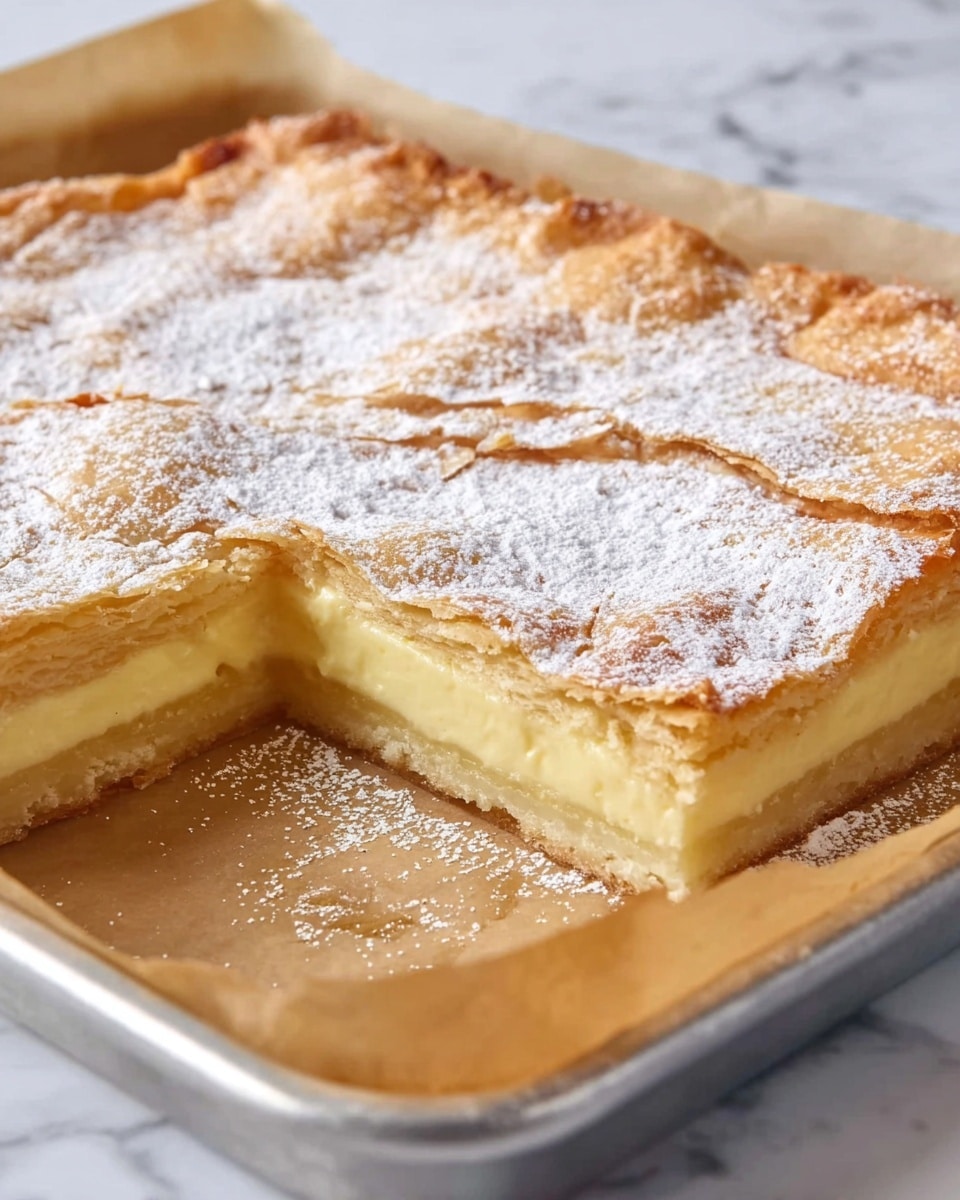 The image shows a square-shaped dessert on a baking tray lined with brown parchment paper, sitting on a white marbled surface. The dessert has three layers: the bottom layer is a light, golden crust with a firm texture, the middle layer is a thick, creamy pale yellow filling, and the top layer is a golden, flaky crust dusted with powdered sugar. One corner of the dessert is missing, revealing the smooth creamy filling and crust layers inside. The lighting highlights the soft texture of the filling and the crispy top crust. Photo taken with an iphone --ar 4:5 --v 7