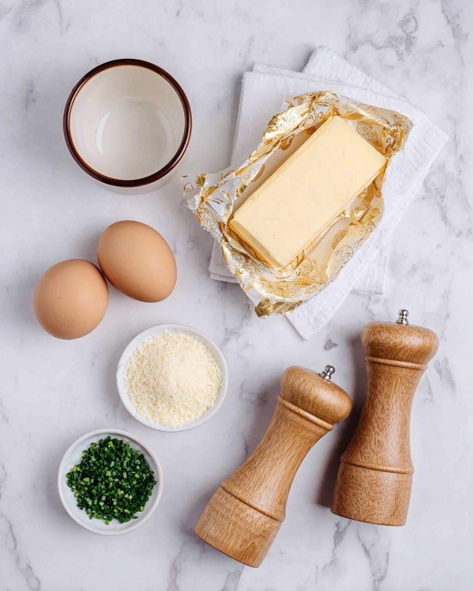 The image shows various cooking ingredients placed on a white marbled surface in a neat layout. Starting from the top left, there is an empty white bowl with a brown rim. Below it, there are two whole brown eggs lying side by side on a white cloth. To the right of the eggs, an unwrapped slab of pale yellow butter with a smooth texture rests partially opened in gold and white paper. Below the bowl, three small white dishes contain separate ingredients: white granulated sugar, light beige finely grated cheese, and chopped green chives. On the bottom right side, two light wood salt and pepper grinders with a smooth, polished finish lie next to each other. The overall scene is bright and clean, set on a white marbled background. Photo taken with an iphone --ar 4:5 --v 7