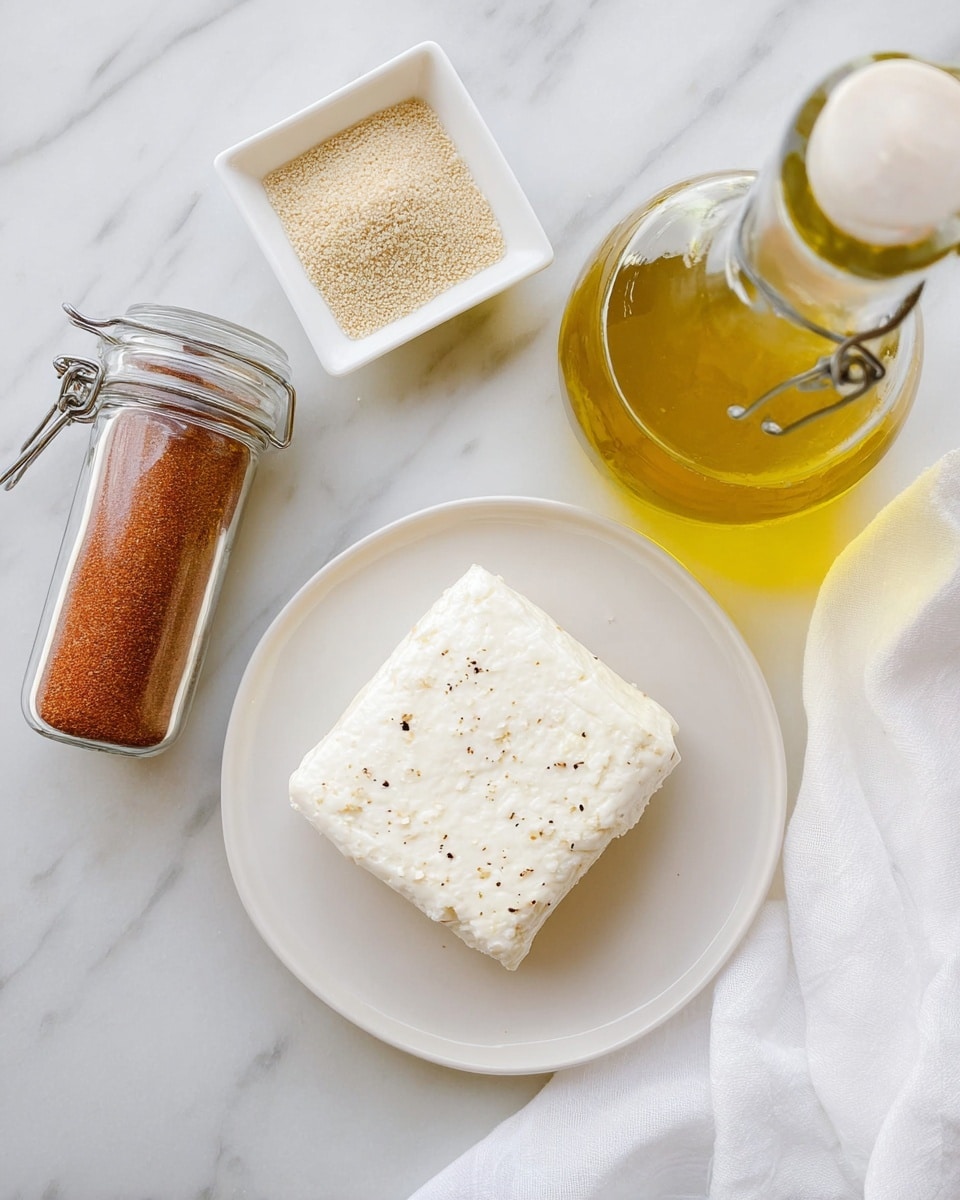 The image shows a white round plate with one block of white cheese that has small black specks on its surface, placed in the center. To the top left of the plate is a small white square dish filled with a light brown granulated spice. Below this dish is a glass jar with a gray lid containing a reddish-brown powder. To the top right of the plate, there is a clear glass bottle with a metal clasp and white top, filled with yellow oil. A white cloth is partially visible on the bottom right corner. All items are on a white marbled surface photo taken with an iphone --ar 4:5 --v 7