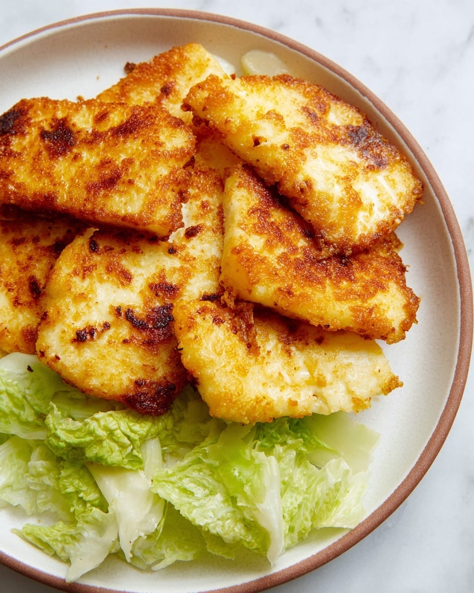 The image shows a white plate with a slight brown rim filled with several pieces of golden-brown fried cheese, each piece with a crispy, textured surface and some browned spots signaling a fried coating. The cheese pieces are stacked loosely and cover most of the plate. At the bottom of the plate, there is a small layer of fresh, light green cabbage leaves with a slightly crinkled texture providing a fresh contrast to the fried cheese. The plate is set on a white marbled surface. Photo taken with an iphone --ar 4:5 --v 7