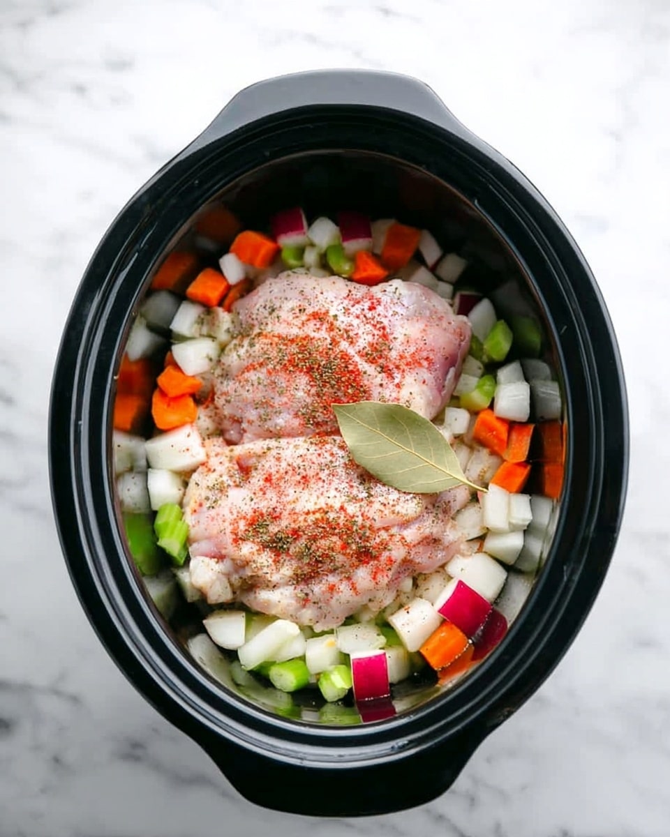The image shows a black slow cooker filled with layers of food. At the bottom is a mix of chopped vegetables in different colors, including white onions, green celery, orange carrots, and red radishes. On top of the vegetables are two large pieces of raw chicken meat with a light pink color. The chicken is sprinkled with red paprika powder and some black pepper. A single bay leaf rests on one side of the chicken pieces. The cooker sits on a white marbled surface. photo taken with an iphone --ar 4:5 --v 7
