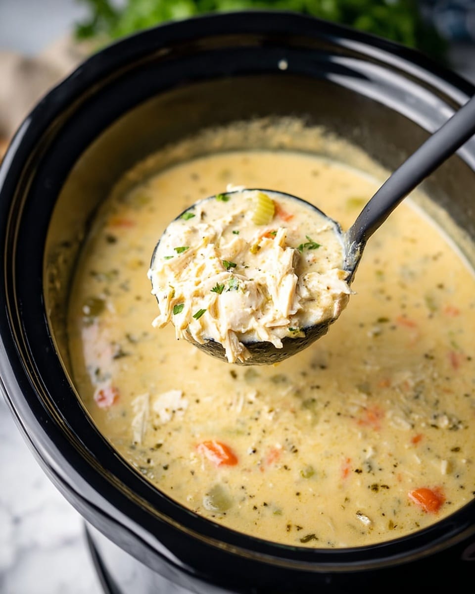 A close-up view of a creamy soup in a black slow cooker, thick with soft, shredded white chicken pieces and small chunks of celery and carrot. The soup has a smooth, pale yellow creamy base dotted with bits of green herbs and black pepper. A black ladle lifts a portion, revealing the textured soup with visible vegetable pieces and tender chicken in the rich cream. The background shows a white marbled surface and a hint of green leafy decoration blurred behind. Photo taken with an iphone --ar 4:5 --v 7