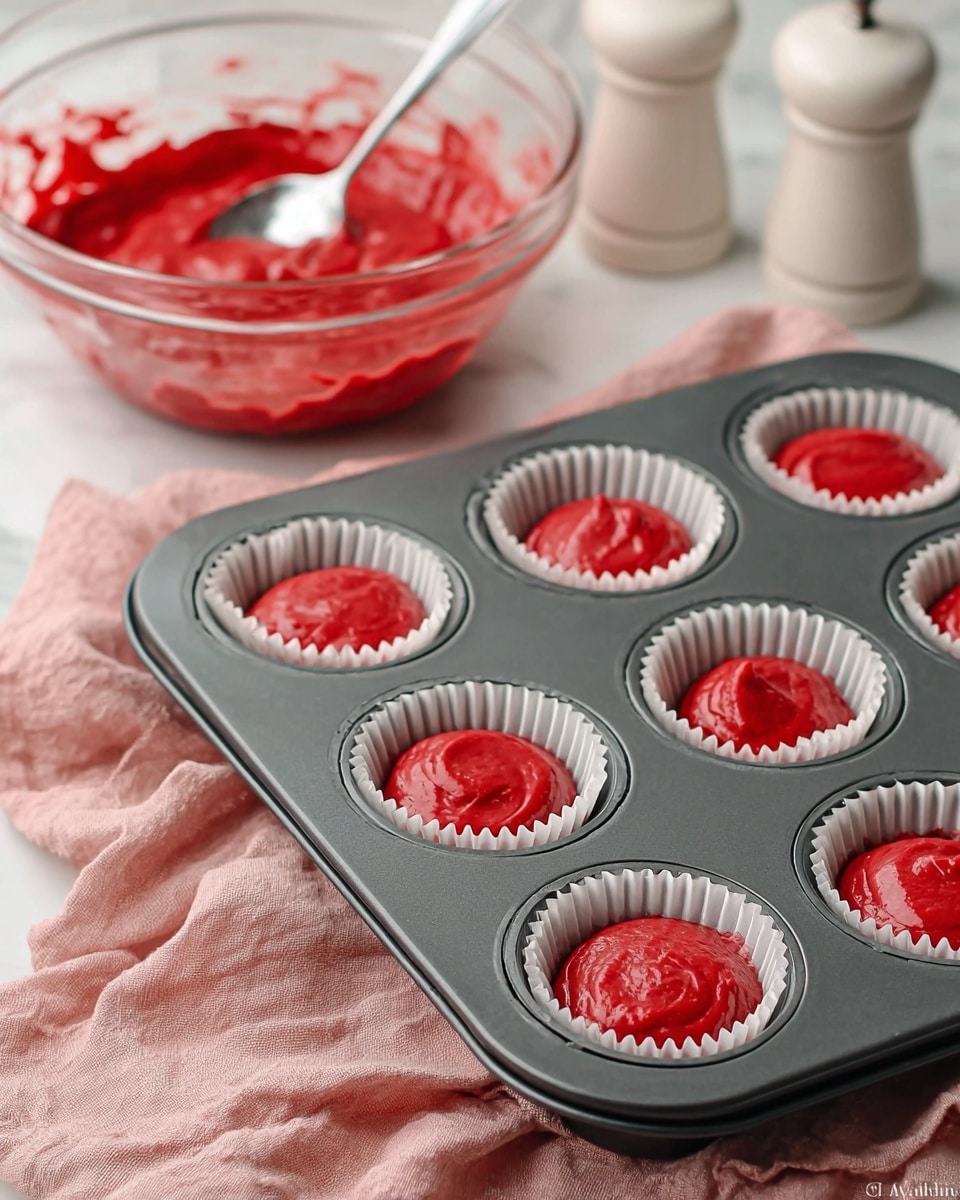 A gray muffin tray holds twelve white paper liners, each filled halfway with smooth, bright red cupcake batter that has a thick, creamy texture. Behind the tray, a large clear glass bowl shows more of the same shiny red batter with two metal spoons resting inside it. The tray is placed on a light pink cloth on a white marbled surface, next to two beige wooden salt and pepper shakers. The scene is softly lit, highlighting the rich red color of the batter. photo taken with an iphone --ar 4:5 --v 7
