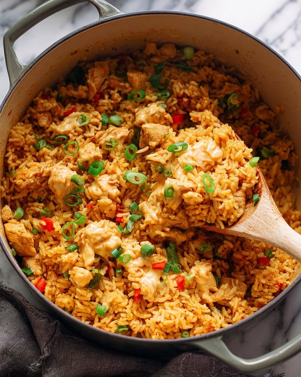 A large pot filled with yellow-orange cooked rice mixed with small pieces of cooked chicken, red bell pepper bits, and green onion slices scattered on top. A wooden spoon is lifting a scoop of the rice dish, showing a drizzle of creamy sauce over the top. The texture of the rice looks fluffy with visible grains, and the chicken pieces are tender and slightly browned. The pot is set on a white marbled surface with a gray cloth nearby. Photo taken with an iphone --ar 4:5 --v 7