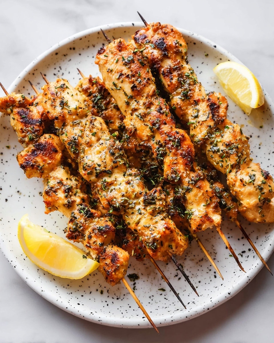 The image shows six grilled chicken skewers arranged on a white plate with black speckles. Each skewer has several pieces of golden-brown chicken coated with herbs and spices, giving a textured look with flecks of green and black. The chicken pieces appear juicy and slightly charred in some spots. Two lemon wedges, one placed near the top and one near the bottom edge of the plate, add a bright yellow color contrast. The plate is set on a white marbled surface. photo taken with an iphone --ar 4:5 --v 7